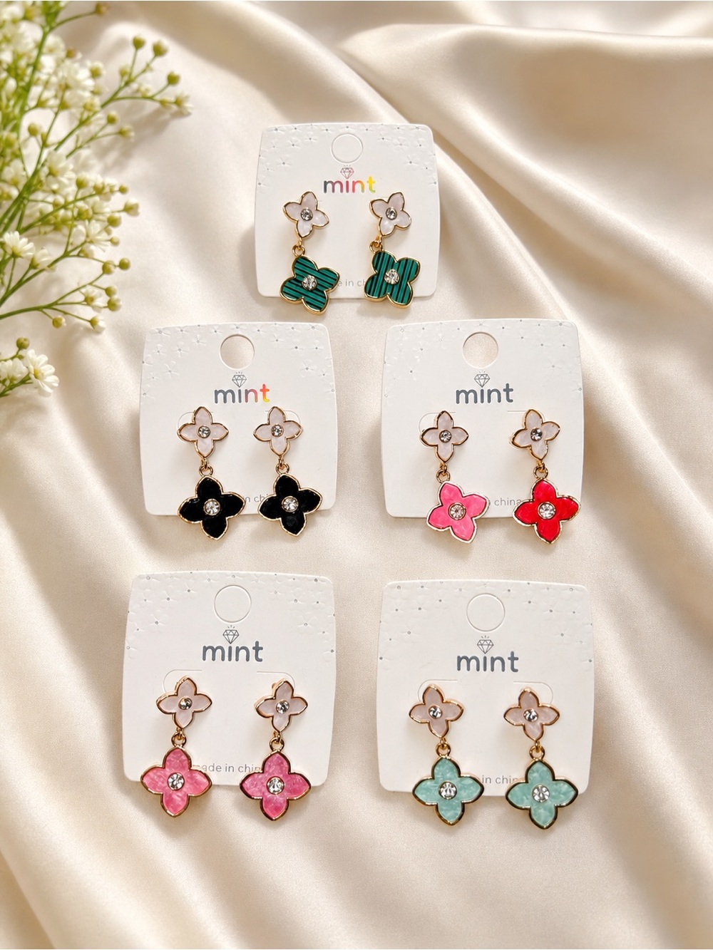 NWT Mint Floral Drop Earrings Bundle Gold Enamel Flower Dangle Set Multi Color